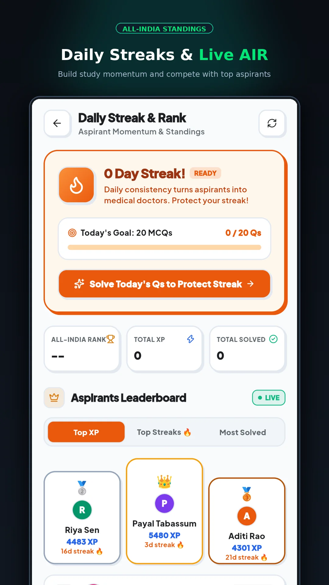 Daily Streak and Aspirant Leaderboard Screen